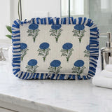seaside cosmetic bag with ruffle trim and zipper pull