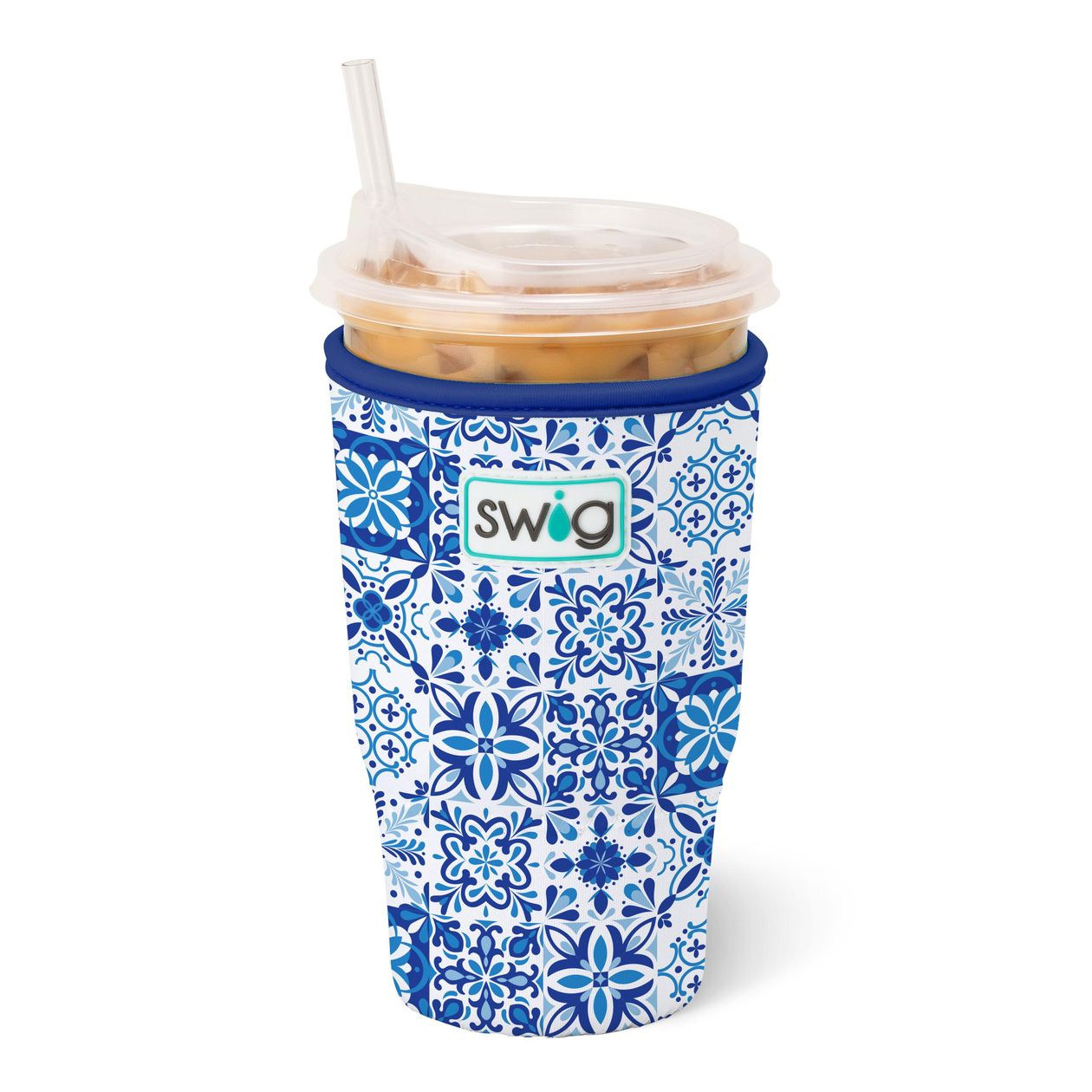 Indigo Tiles Large Iced Cup Coolie featuring a coastal blue ceramic tile-inspired pattern on a white insulated neoprene cup sleeve with hand strap.