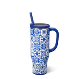 Indigo Tiles Mega Mug 30oz featuring a coastal blue ceramic tile-inspired pattern on a glitter white insulated tumbler with handle, straw, and Flip + Sip lid.