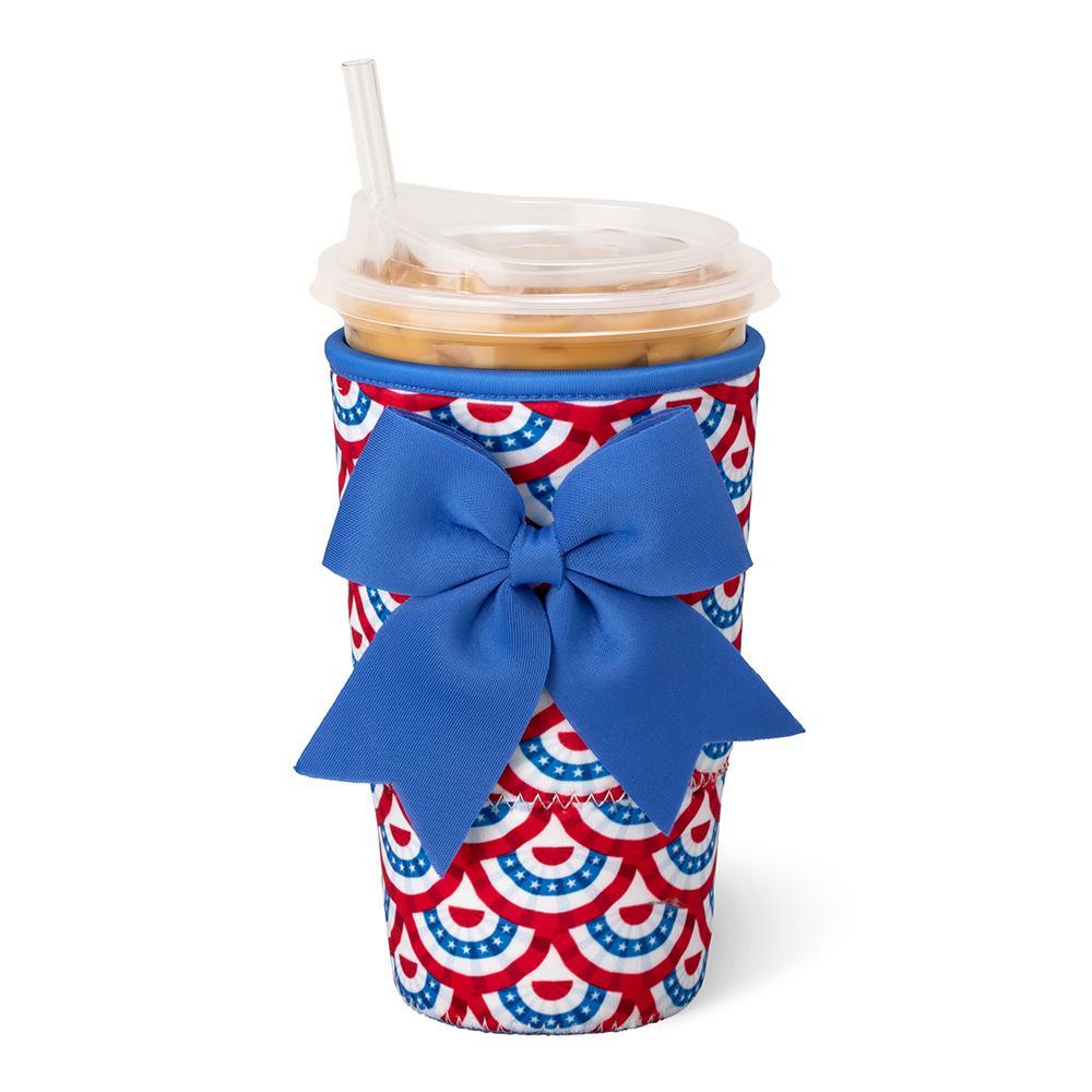 Liberty Belle Large Iced Cup Coolie featuring a red, white, and blue patriotic bunting pattern on an insulated neoprene cup sleeve with hand strap.