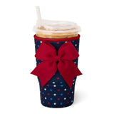 Oh My Stars Large Iced Cup Coolie featuring red, white, and blue stars scattered across a navy background on an insulated neoprene cup sleeve with hand strap.