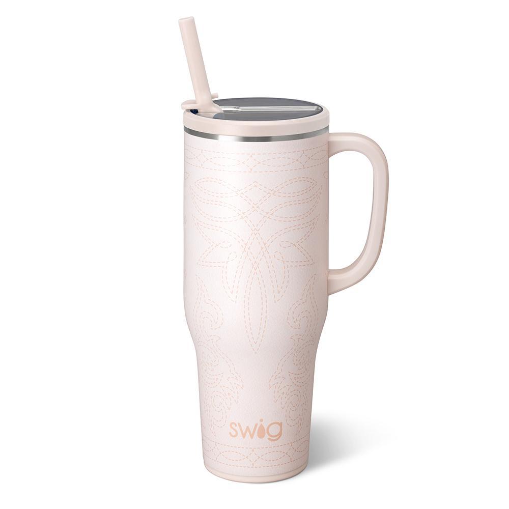 Saddle Stitch Cream Mega Mug 40oz featuring a cream faux-leather inspired finish with tan stitched detailing, leakproof Flip + Sip lid, and removable straw.