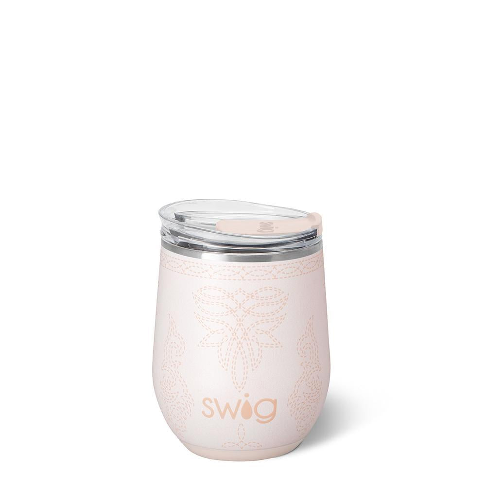Saddle Stitch Cream 12oz stemless wine cup featuring a cream faux-leather inspired finish with tan stitched detailing and a clear slider lid.