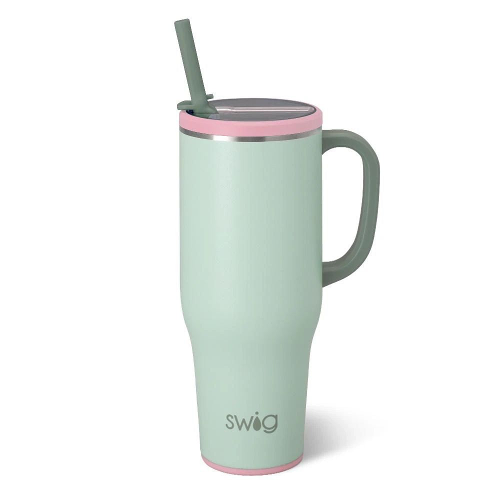 Sage Mist Mega Mug 40oz featuring a soft multicolor design on an insulated stainless steel tumbler with Flip + Sip leakproof lid and straw.