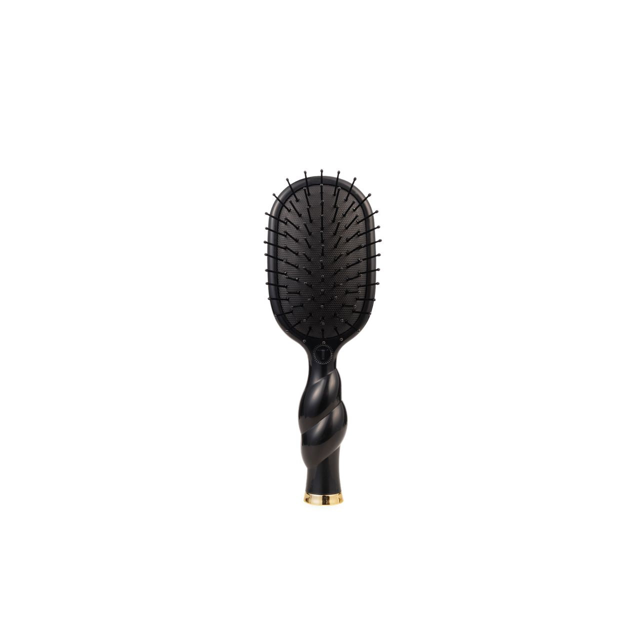 Jet black compact detangler brush with mirror and coil handle design