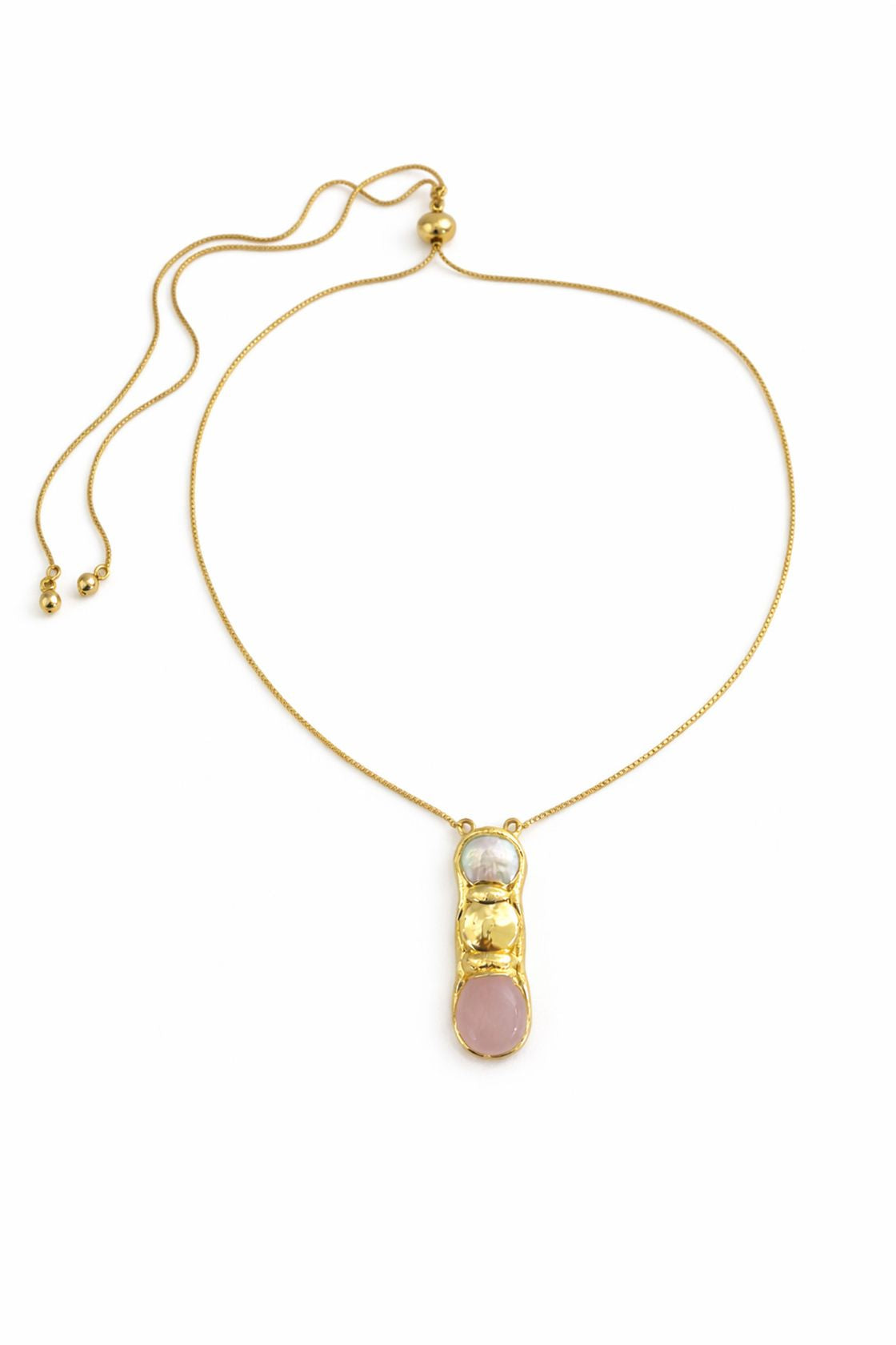 Adjustable 18k gold necklace with genuine rose quartz and mother-of-pearl semi-precious stones in soft blush tones