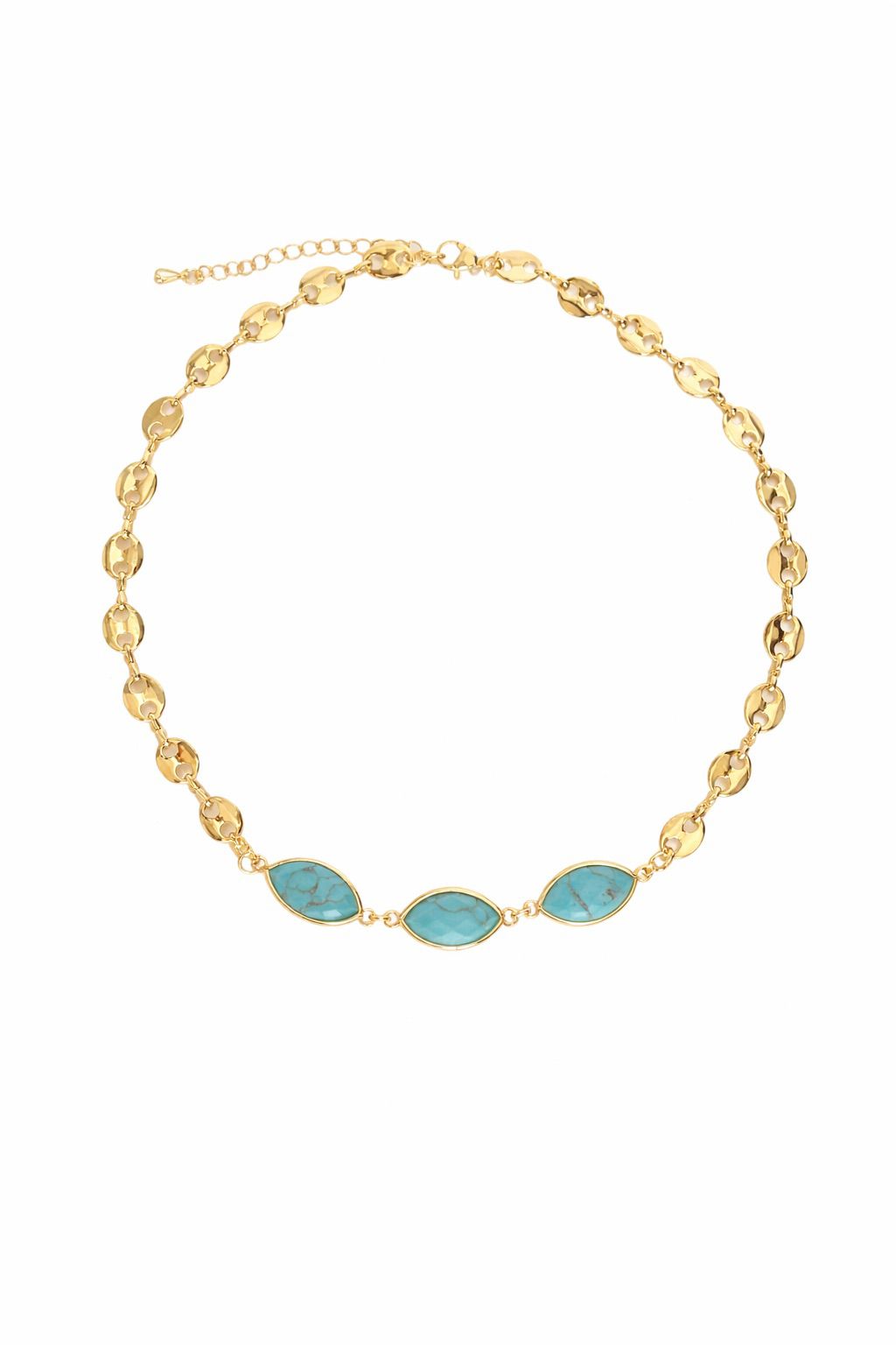 Stone bead necklace with diamond-shaped beads and three eye-shaped turquoise accents