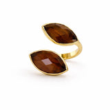 Adjustable 18K gold-dipped wrap ring featuring two marquise-shaped tiger’s eye semi-precious stones