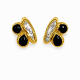 18K gold-plated arch stud earrings featuring black onyx stones and freshwater pearl accents
