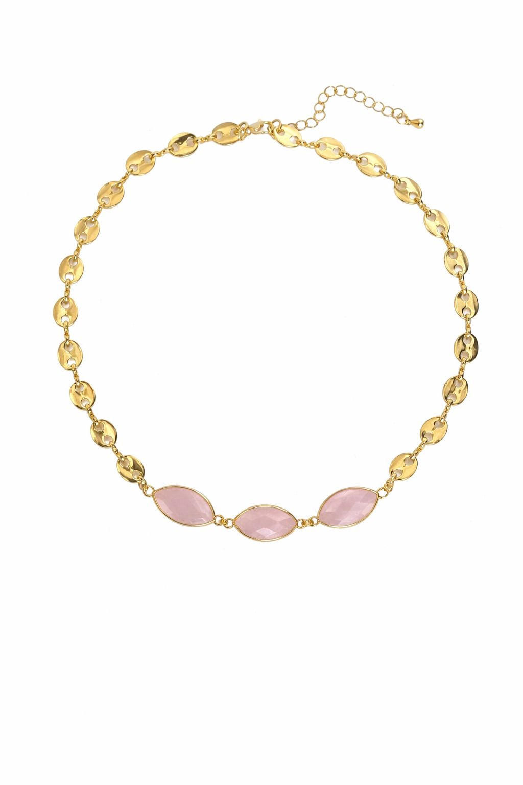Stone bead necklace with diamond-shaped beads and three eye-shaped pink rose quartz accents