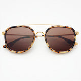 Milky tortoise and brown round sunglasses with a sleek unisex frame and polished detailing.