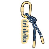 Delta Delta Delta sorority keychain featuring lowercase "tri delta" lettering with navy rope detailing and a bright yellow carabiner clip.