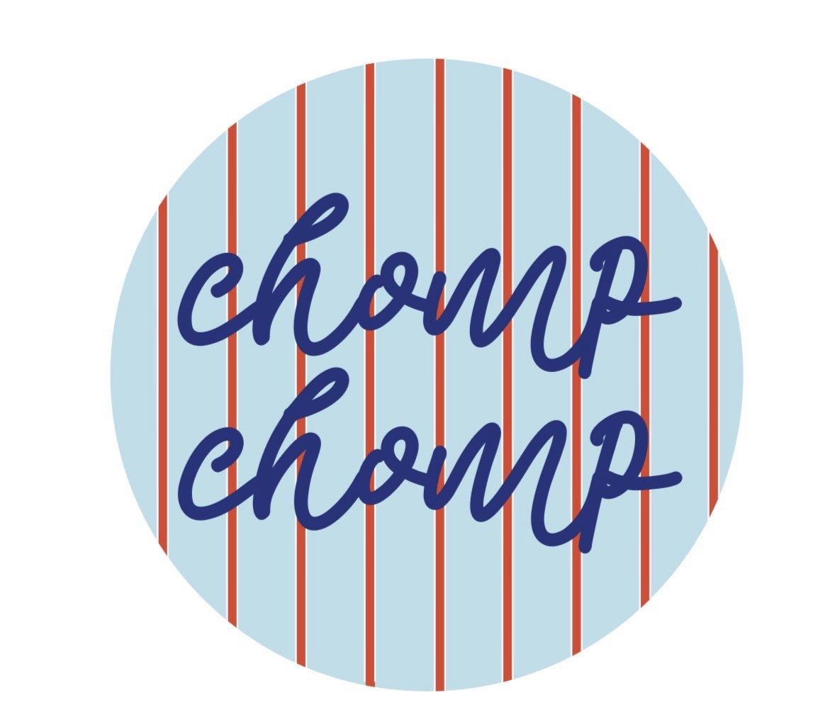 Florida Gators gameday button with light blue background, thin orange stripes, and dark blue cursive Chomp Chomp lettering.
