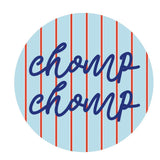 Florida Gators gameday button with light blue background, thin orange stripes, and dark blue cursive Chomp Chomp lettering.