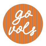 Tennessee gameday button with orange background, thin green stripes, and white cursive Go Vols lettering.