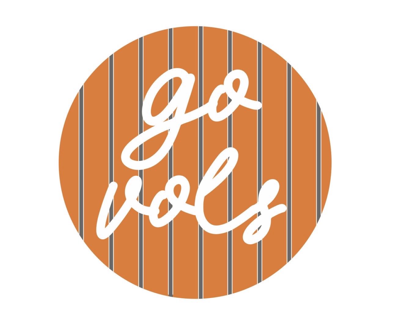 Tennessee gameday button with orange background, thin green stripes, and white cursive Go Vols lettering.