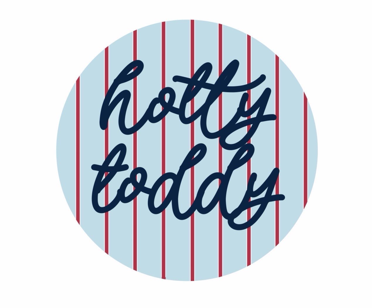 Ole Miss gameday button with light blue background, thin red stripes, and navy cursive Hotty Toddy lettering.