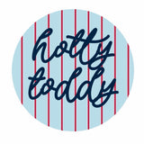 Ole Miss gameday button with light blue background, thin red stripes, and navy cursive Hotty Toddy lettering.
