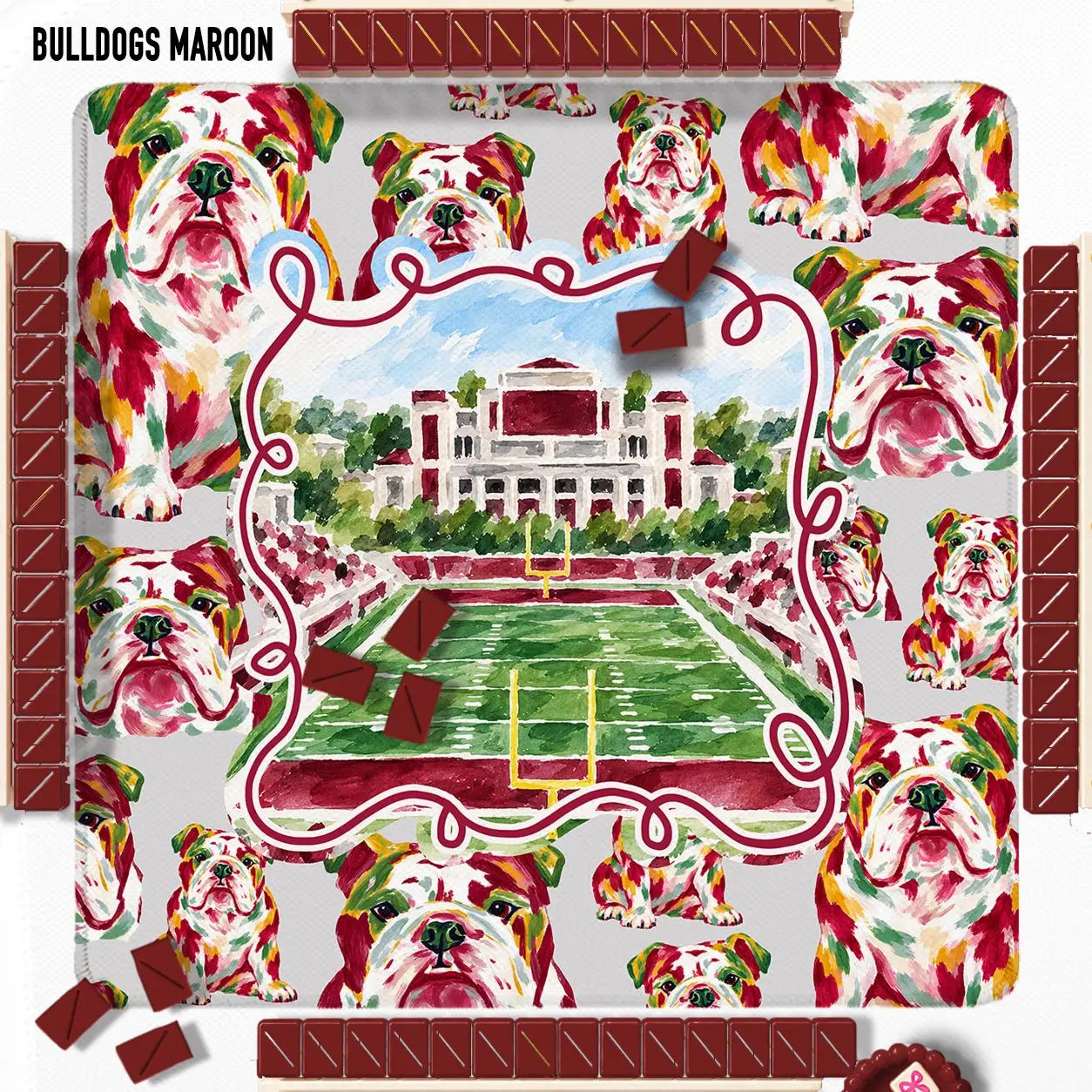 The Bulldog Edit Mahjong Mat with light gray base, maroon borders, Bulldogs, and Georgia stadium design