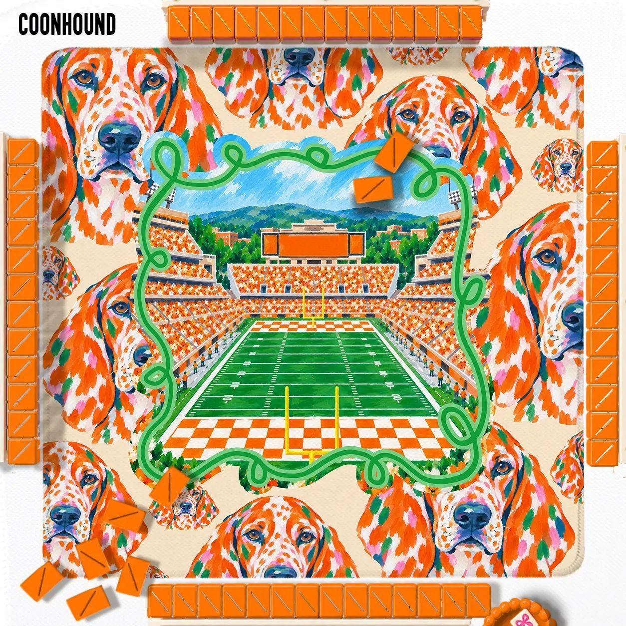 The Volunteer Hound Mahjong Mat with beige base, Tennessee orange accents, and Coonhound dogs