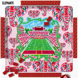 The Tuscaloosa Social Mahjong Mat with light pink background, crimson and multicolored elephants, and stadium illustration
