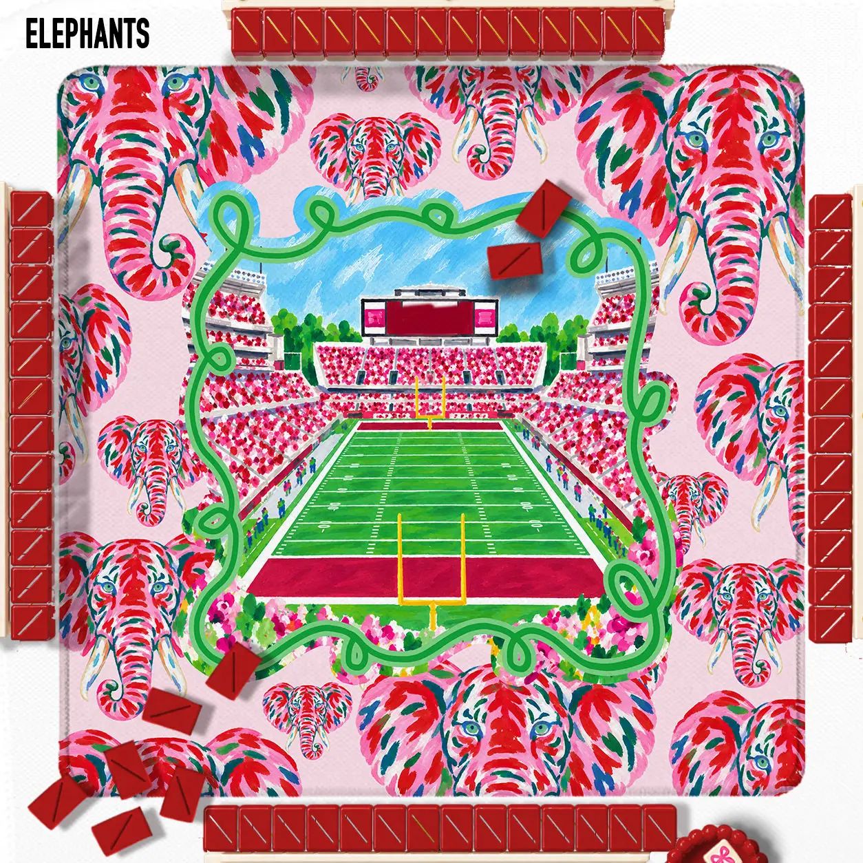 The Tuscaloosa Social Mahjong Mat with light pink background, crimson and multicolored elephants, and stadium illustration