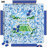The Blue Ram Mahjong Mat with a light blue background, multicolored blue rams, and a stadium illustration in the center