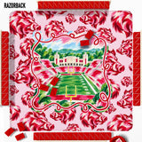 The Razorback Club Mahjong Mat featuring a light pink background, red Razorback illustrations, and a stadium illustration in the center