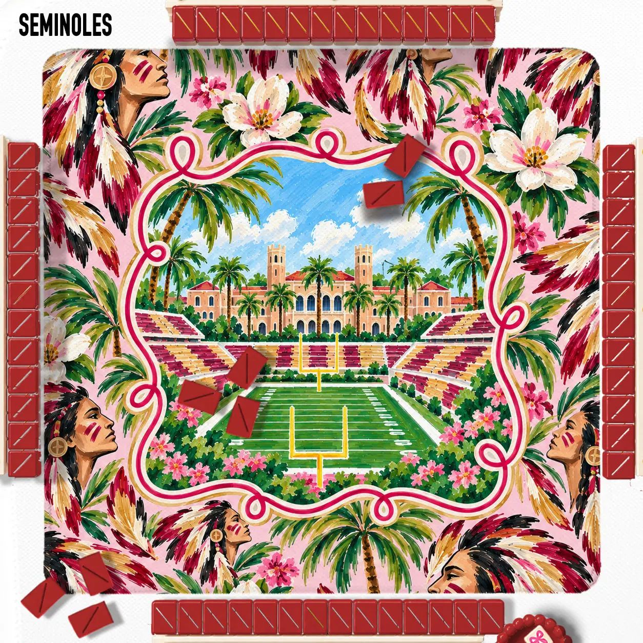 The Seminole Social Mahjong Mat featuring a light pink background, illustrated Seminoles, white flowers, and Doak Campbell Stadium in the center