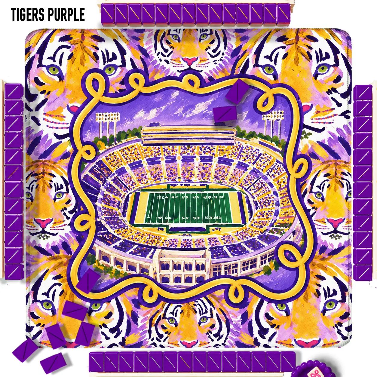The Tiger Society Mahjong Mat featuring a purple background, gold accents, illustrated tiger faces, and a stadium illustration in the center