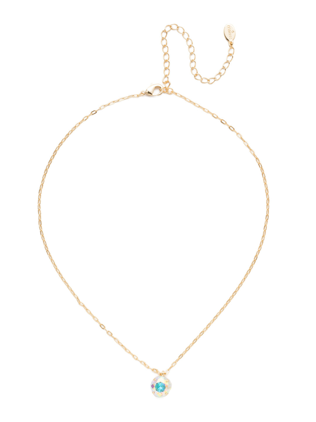 Gold-tone necklace with a single cushion-cut crystal pendant from Sorrelli’s Crystal Aurora Borealis collection.