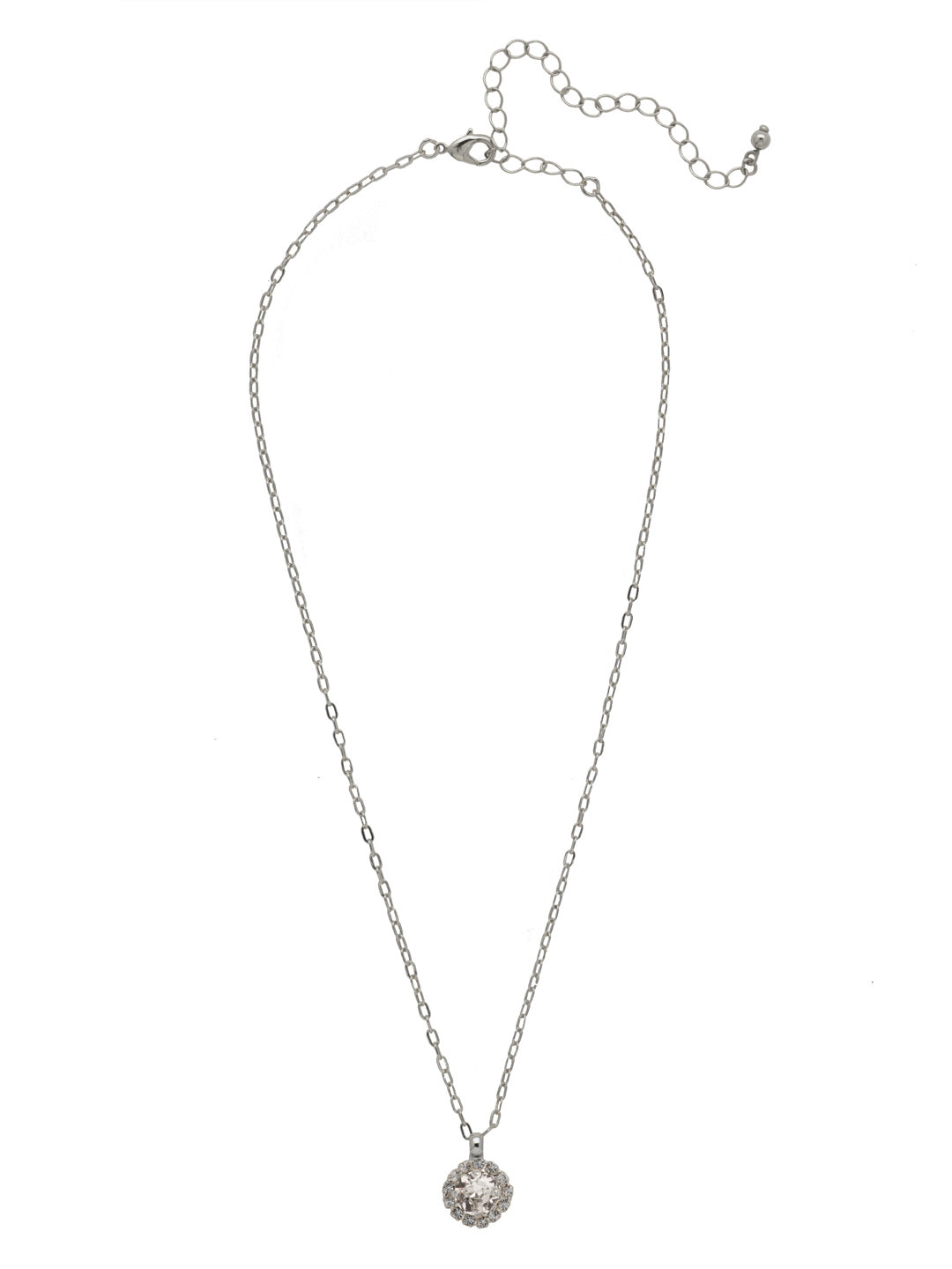 Palladium-tone necklace with halo-set round crystal pendant on a delicate chain