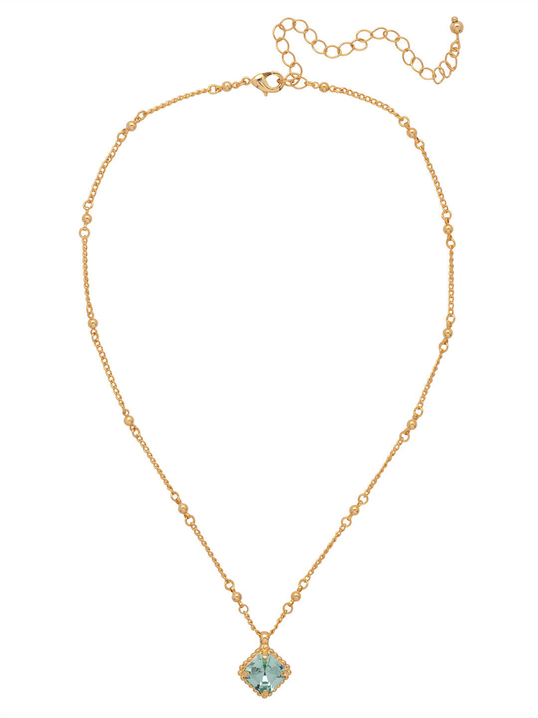 Bright gold-tone necklace featuring a square-cut aquamarine crystal with metal beaded halo on an adjustable chain.