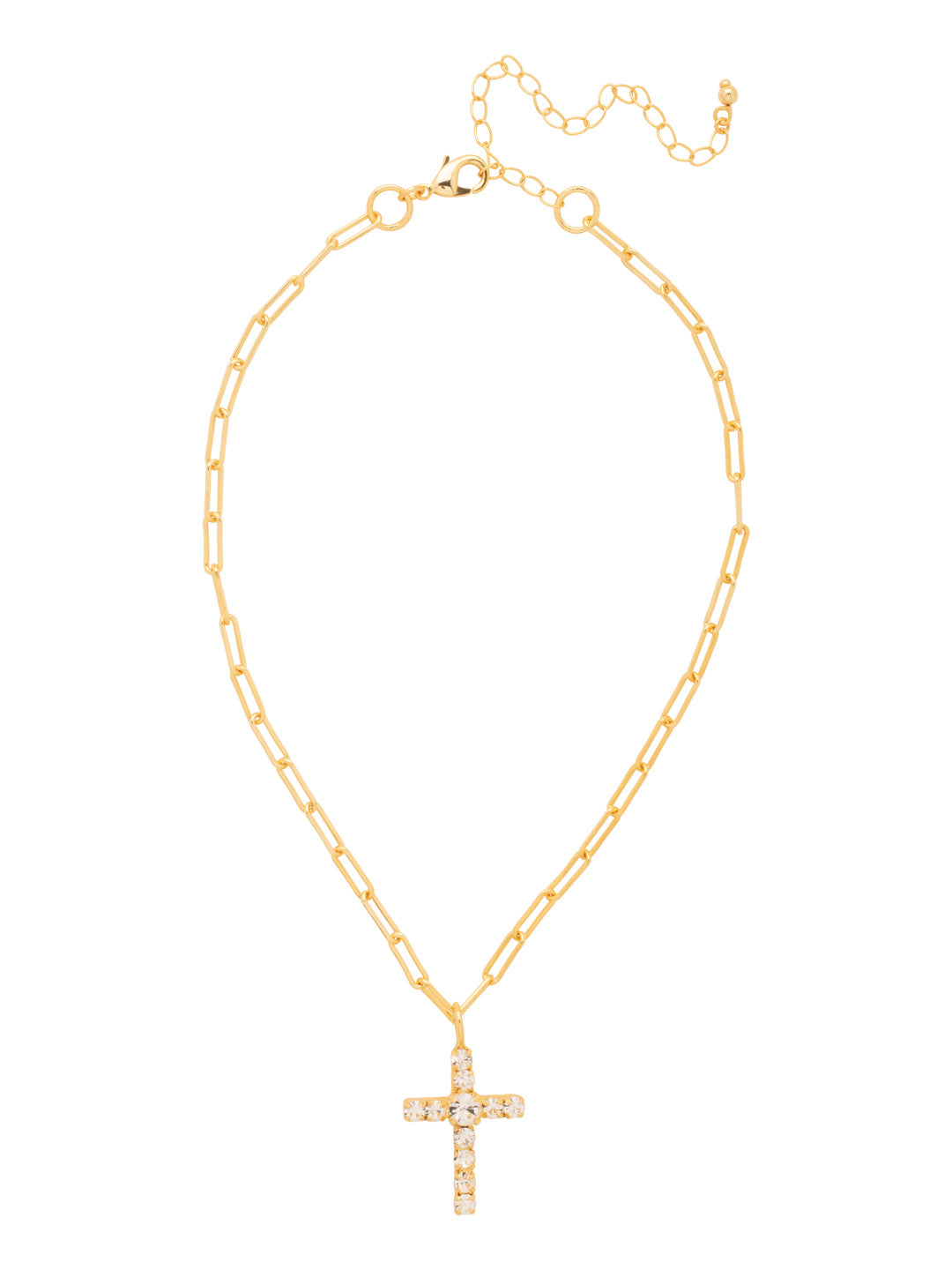 Bright gold-tone paperclip chain necklace with crystal-embellished cross pendant from Sorrelli’s Crystal Collection.