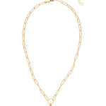 Gold-tone necklace featuring an emerald-cut aquamarine crystal pendant with ball chain halo on a chunky adjustable paperclip chain.
