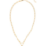 Gold-tone necklace featuring an emerald-cut aquamarine crystal pendant with ball chain halo on a chunky adjustable paperclip chain.