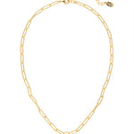Gold-tone necklace with three crystal-accented charms—a star, a flower, and a round-cut stone—on a paperclip chain