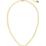 Gold-tone necklace with three crystal-accented charms—a star, a flower, and a round-cut stone—on a paperclip chain