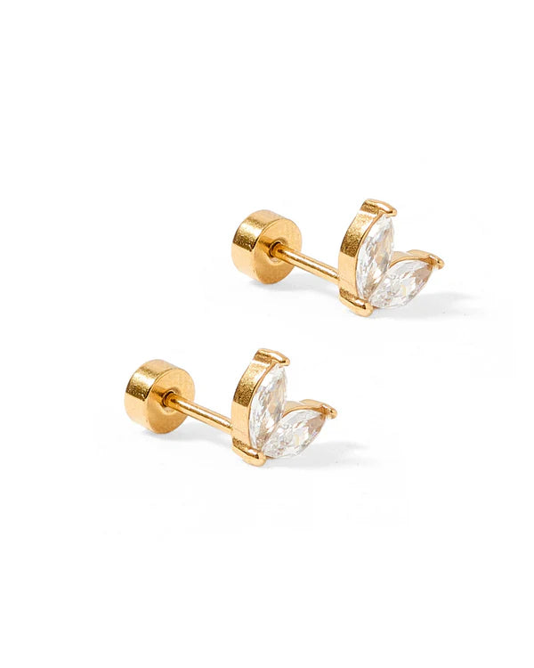 Close-up of Nova Stud Earrings showcasing sparkling CZ stones in a minimalist 7mm design