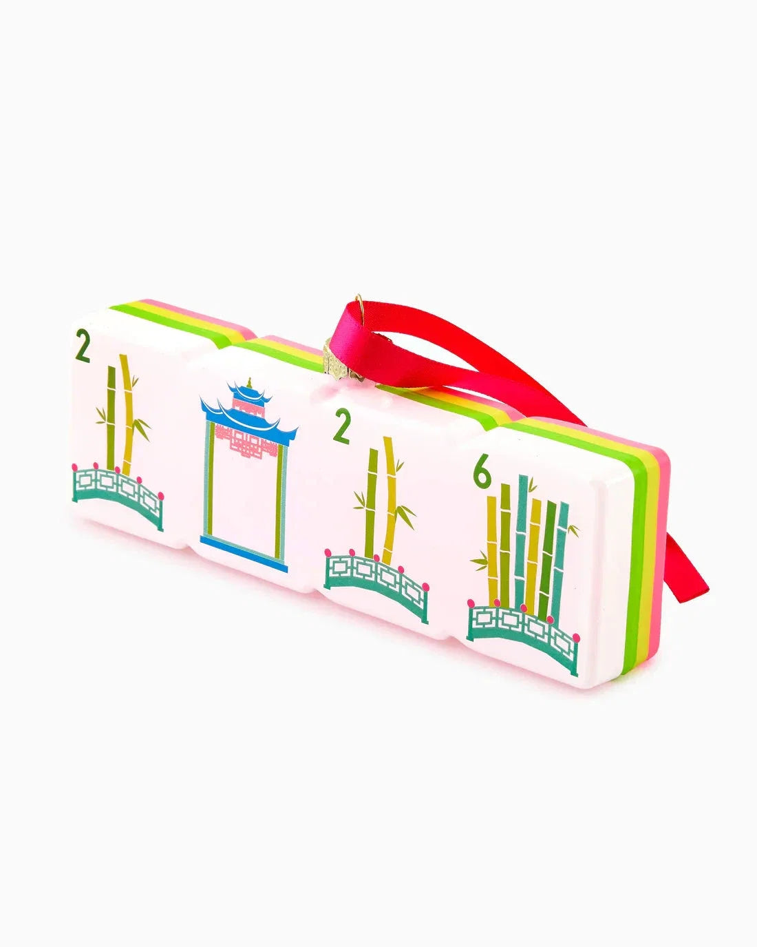 Colorful 2026 Bamboo Bridge mahjong ornament featuring pink, lime, aqua, and yellow tile-inspired artwork.