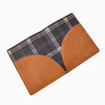 Cognac cruelty-free leather mahjong card folio with coordinating printed interior for storing NMJL and IMC mahjong cards.