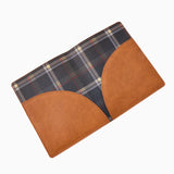 Cognac cruelty-free leather mahjong card folio with coordinating printed interior for storing NMJL and IMC mahjong cards.