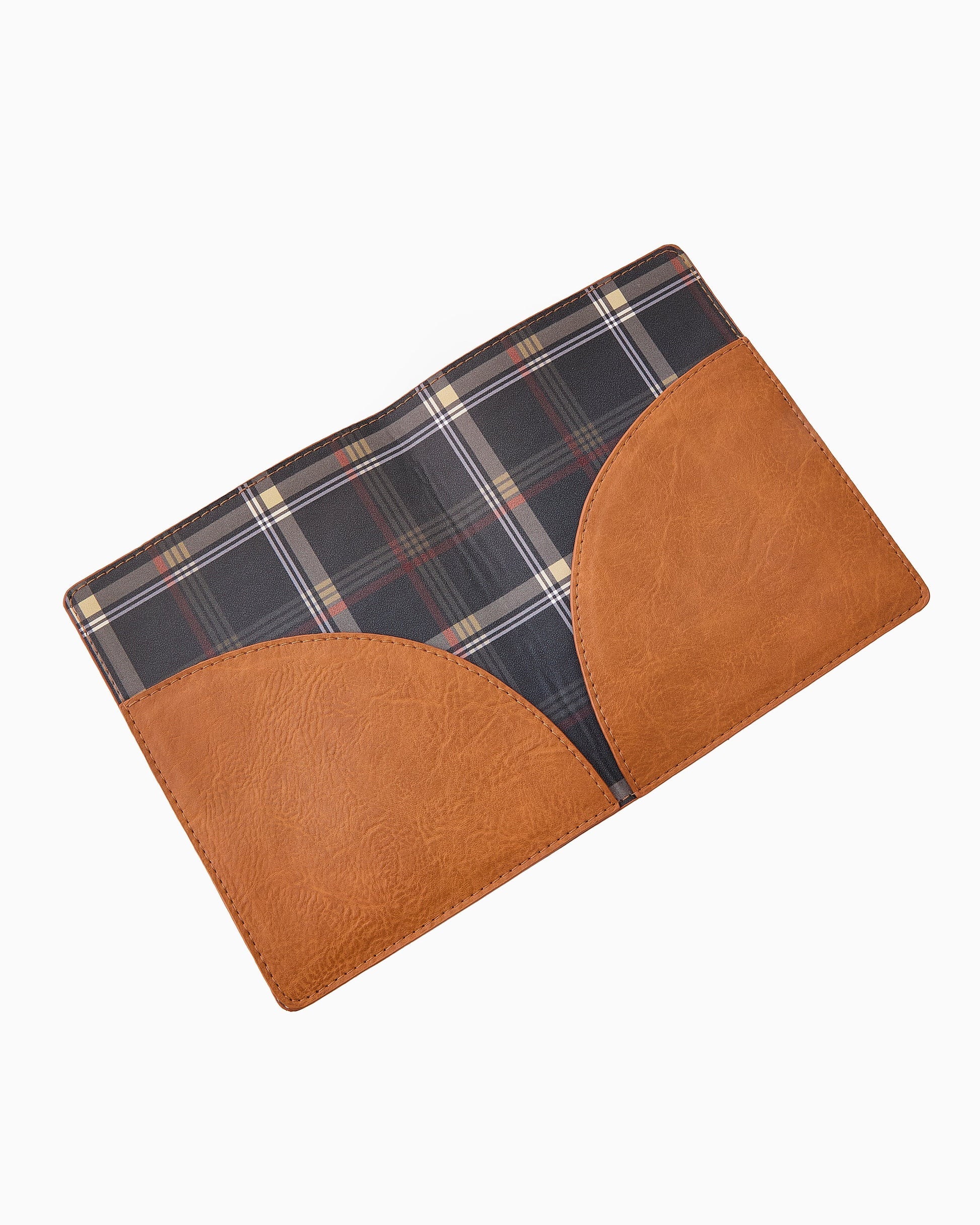Cognac cruelty-free leather mahjong card folio with coordinating printed interior for storing NMJL and IMC mahjong cards.