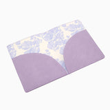 Lavender cruelty-free leather mahjong card folio with coordinating printed interior designed to hold NMJL and IMC mahjong cards.