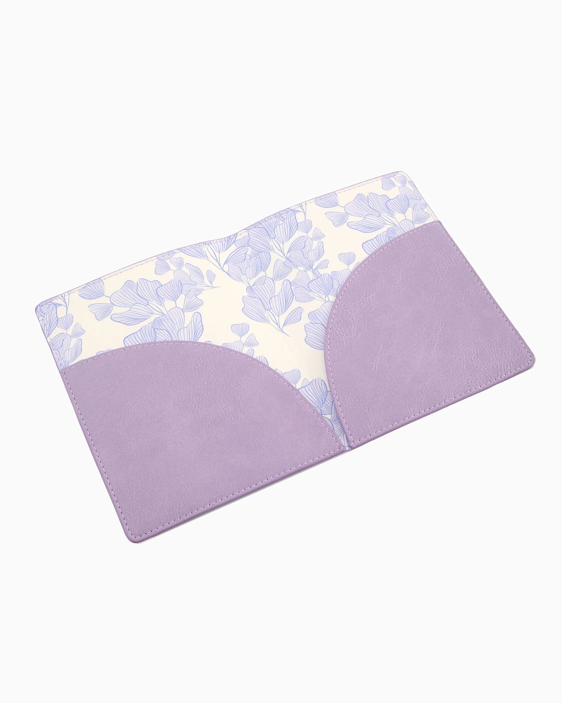 Lavender cruelty-free leather mahjong card folio with coordinating printed interior designed to hold NMJL and IMC mahjong cards.