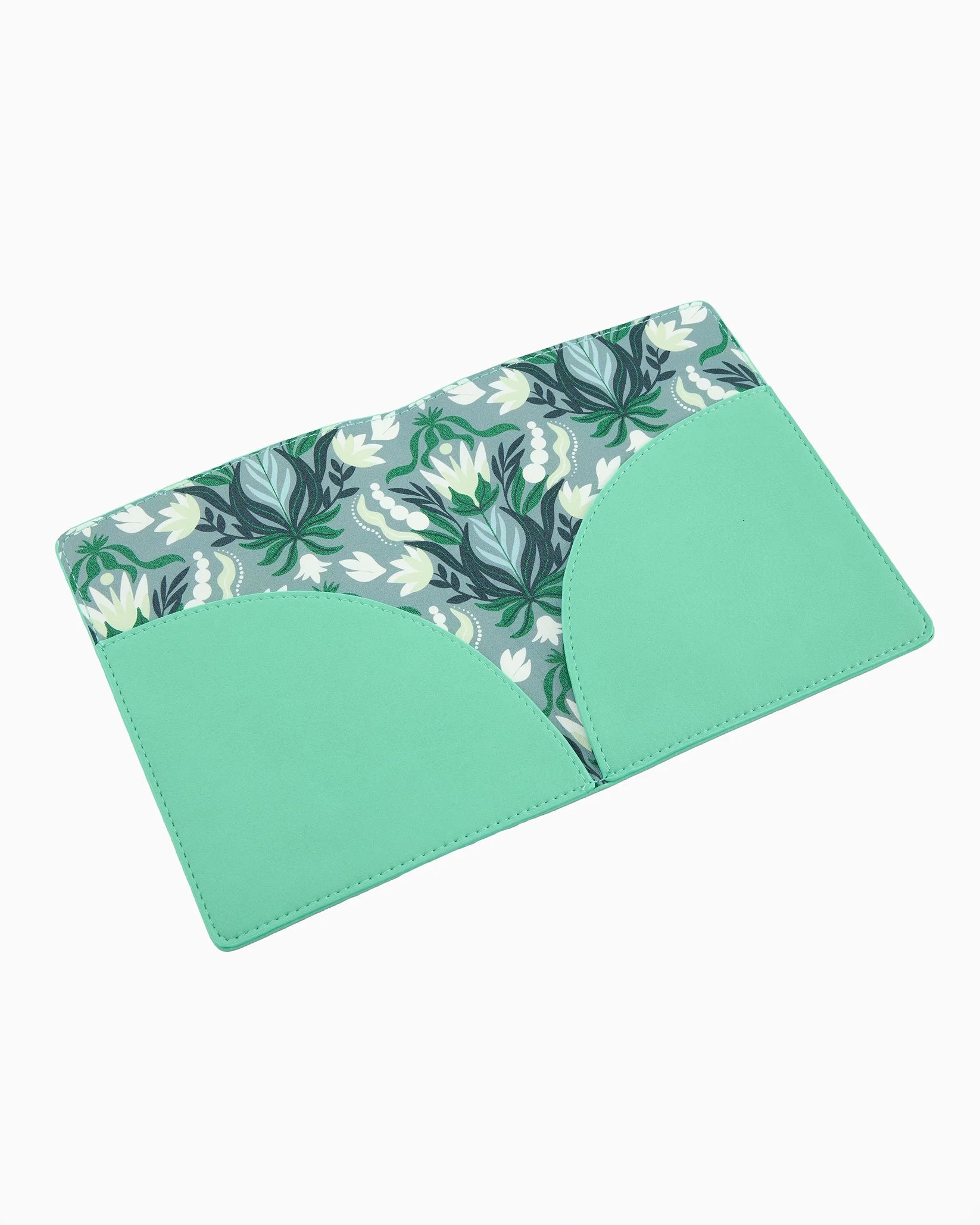 Mint cruelty-free leather mahjong card folio with coordinating printed interior, designed to hold NMJL and IMC mahjong cards.