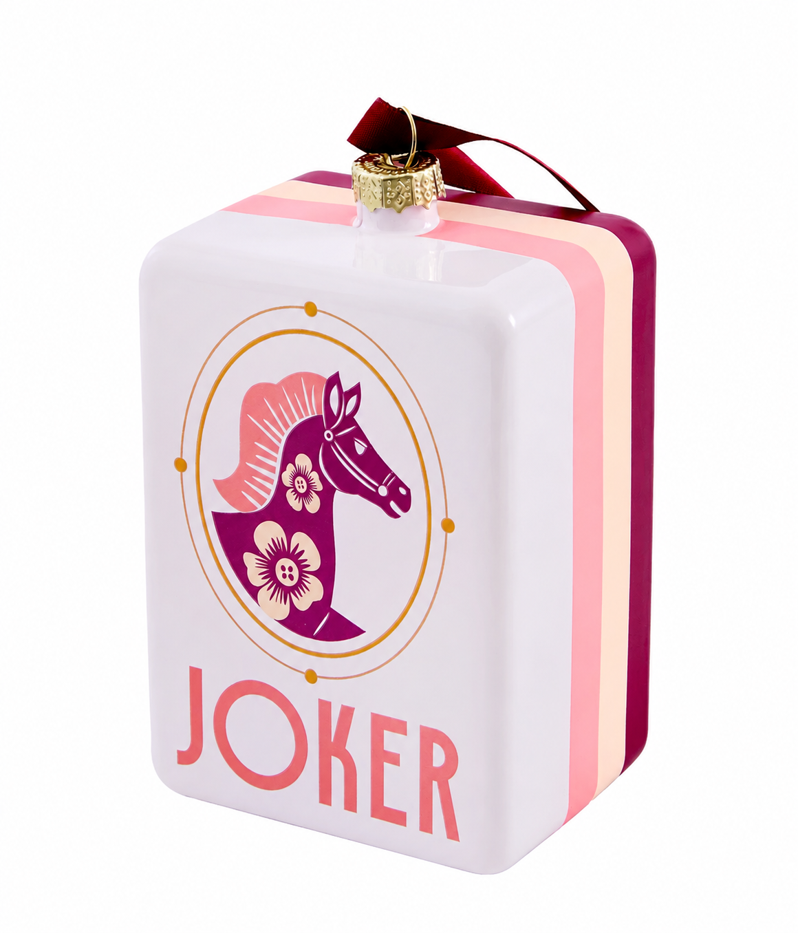 Year of the Horse 2026 mahjong ornament featuring a floral horse design in jewel-toned pink with a satin ribbon.