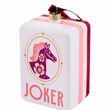 Year of the Horse 2026 mahjong ornament featuring a floral horse design in jewel-toned pink with a satin ribbon.