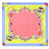 Botanical mahjong mat featuring a pastel blue border, yellow crackle background, pink geometric center, watercolor flowers, and blue-and-yellow birds.
