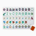 Sierra Mahjong Tiles in layered light blue and olive green with burnt orange backs, displayed with dice/coin bag and instructional cards